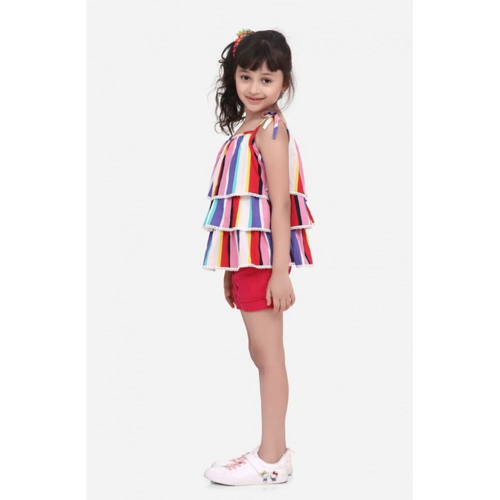 Exquisite Girl's Polyester Crepe Striped Tie Ups Shorts Set