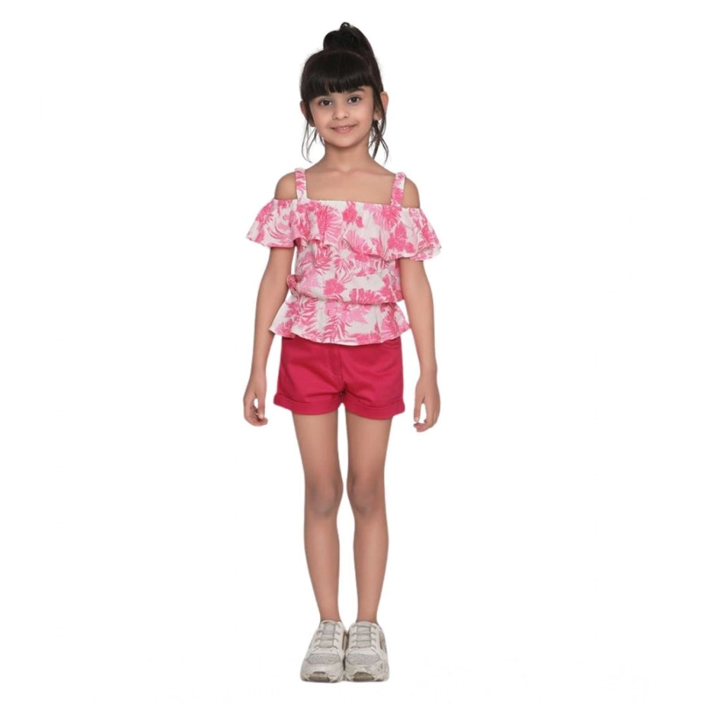Exquisite Girl's Cotton Floral Cold Shoulder Top and Shorts Set