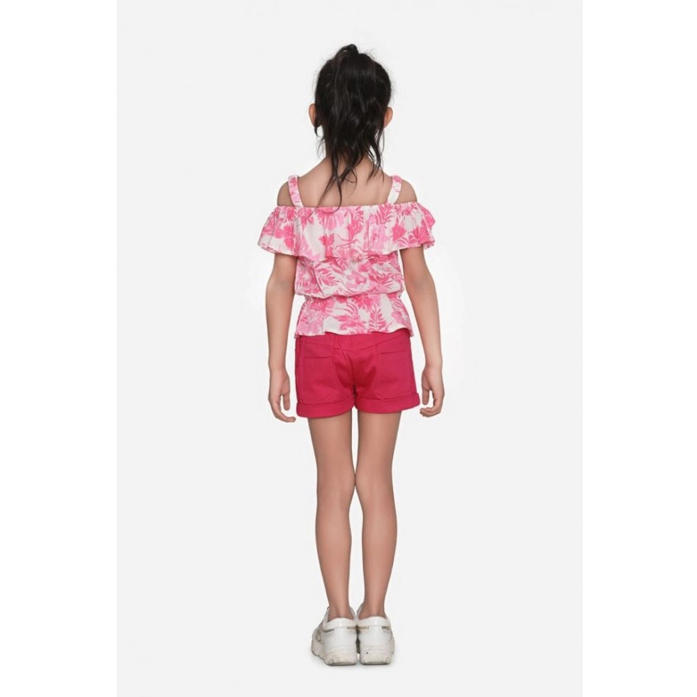 Exquisite Girl's Cotton Floral Cold Shoulder Top and Shorts Set
