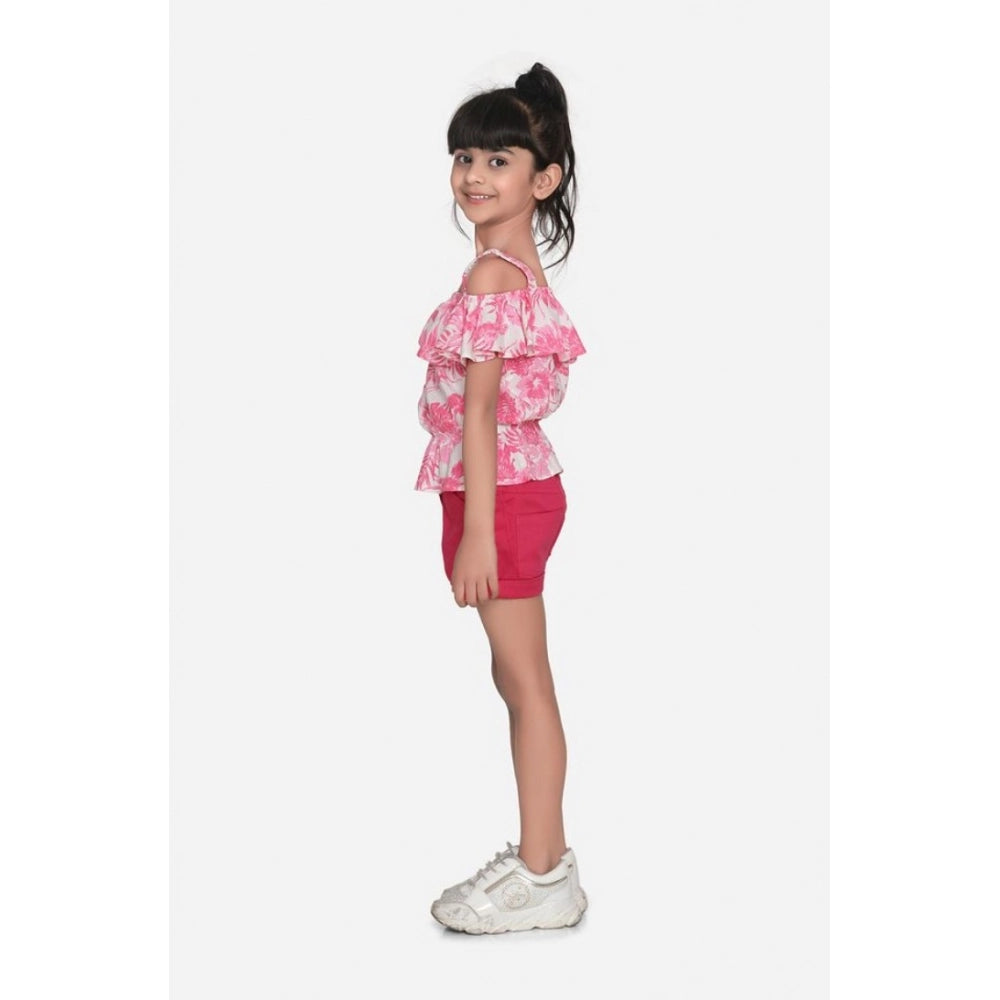 Exquisite Girl's Cotton Floral Cold Shoulder Top and Shorts Set