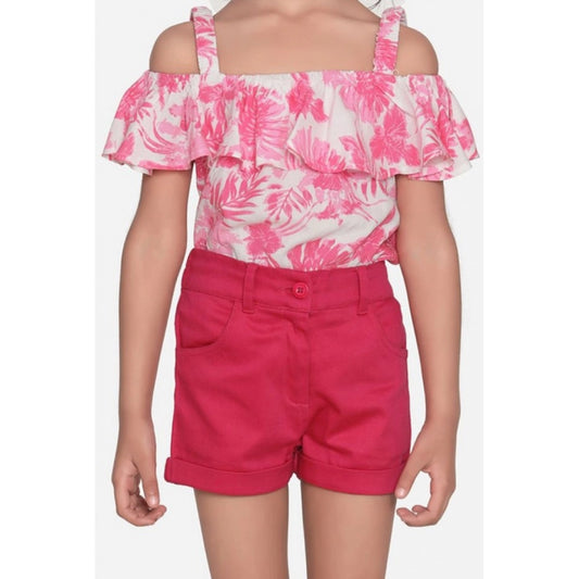 Exquisite Girl's Cotton Floral Cold Shoulder Top and Shorts Set