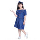 Exquisite Girl's Denim Solid Cold Shoulder Top and Skirt Set