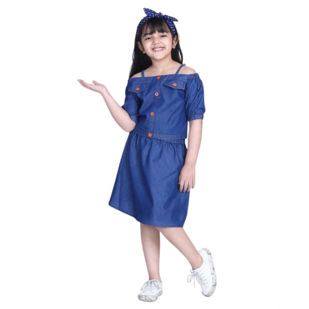 Exquisite Girl's Denim Solid Cold Shoulder Top and Skirt Set