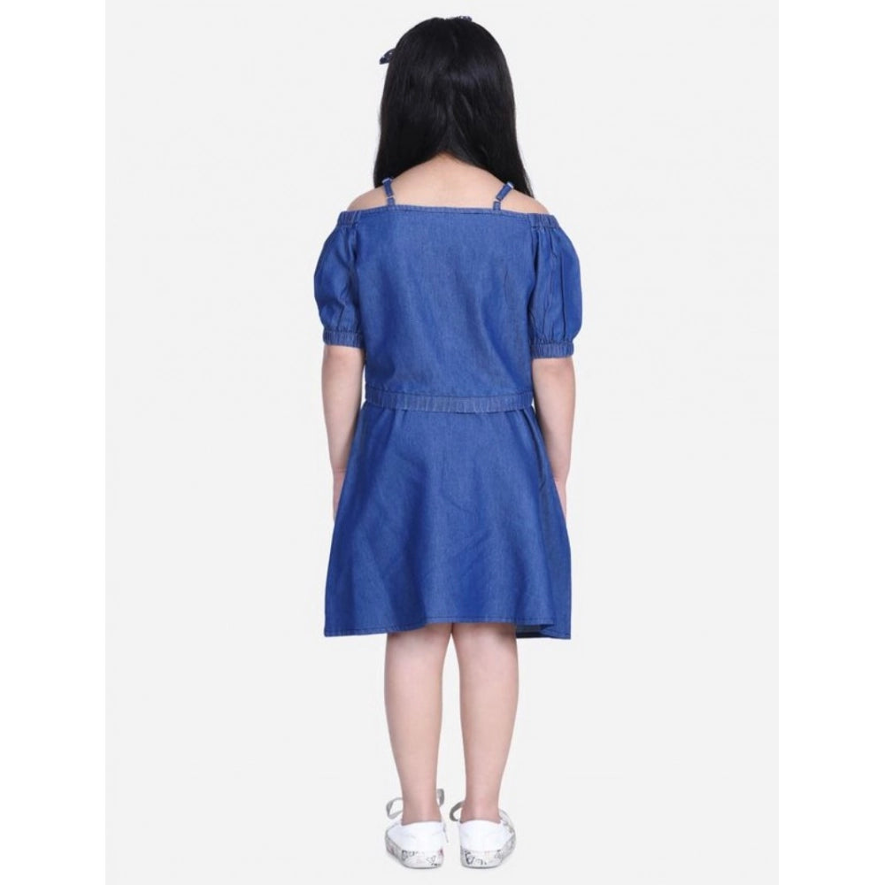 Exquisite Girl's Denim Solid Cold Shoulder Top and Skirt Set