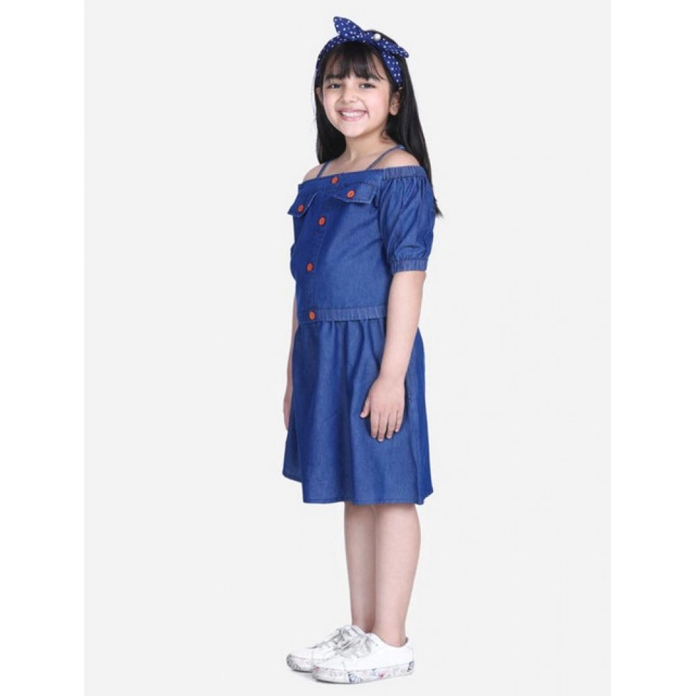 Exquisite Girl's Denim Solid Cold Shoulder Top and Skirt Set