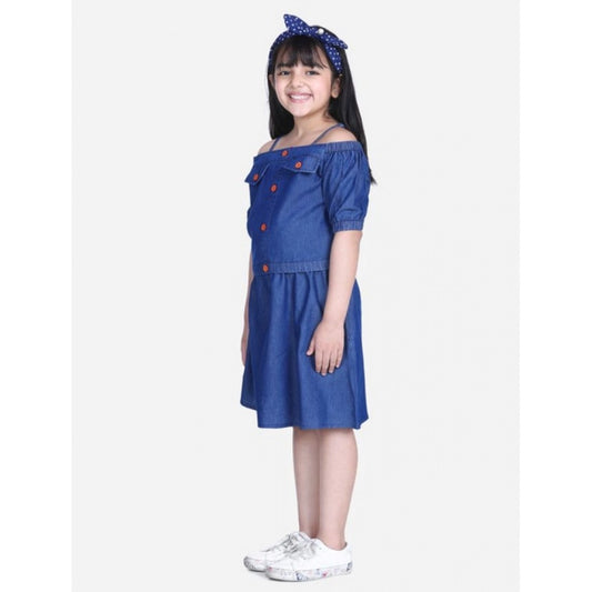 Exquisite Girl's Denim Solid Cold Shoulder Top and Skirt Set
