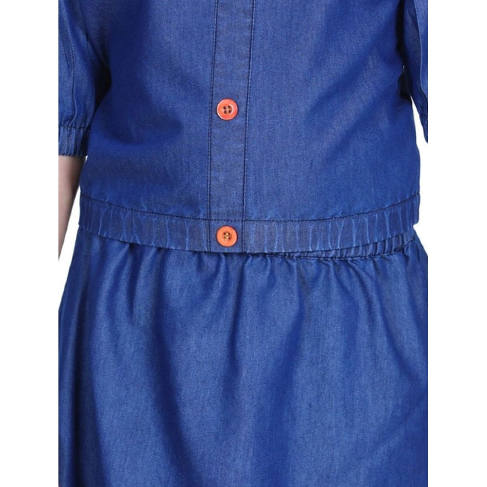 Exquisite Girl's Denim Solid Cold Shoulder Top and Skirt Set