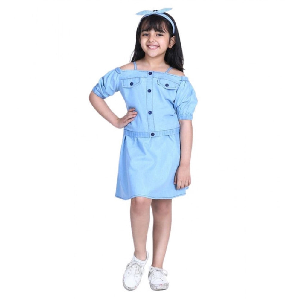 Exquisite Girl's Denim Solid Cold Shoulder Top and Skirt Set