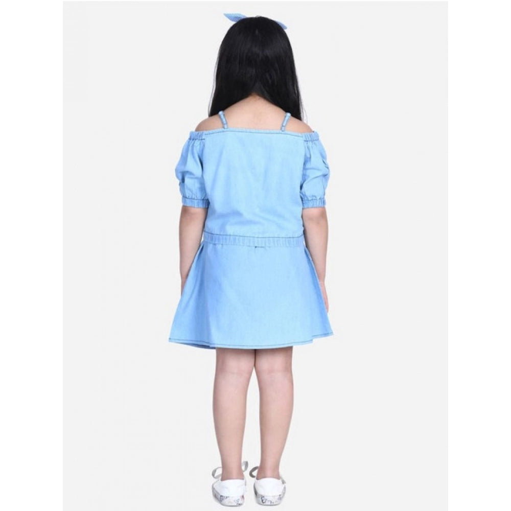 Exquisite Girl's Denim Solid Cold Shoulder Top and Skirt Set