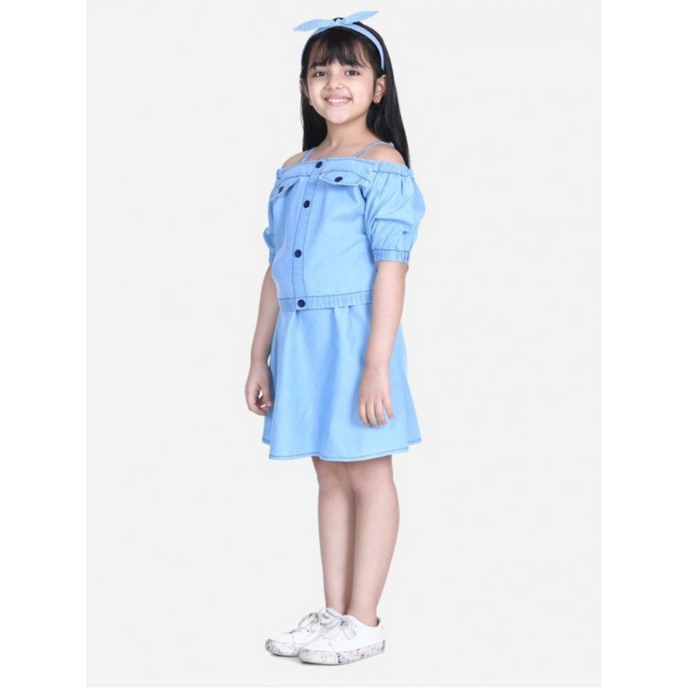 Exquisite Girl's Denim Solid Cold Shoulder Top and Skirt Set