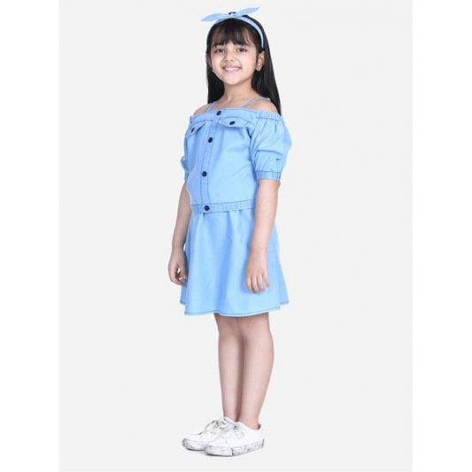 Exquisite Girl's Denim Solid Cold Shoulder Top and Skirt Set