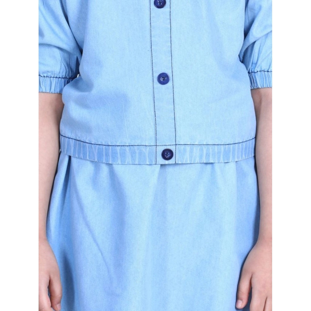 Exquisite Girl's Denim Solid Cold Shoulder Top and Skirt Set