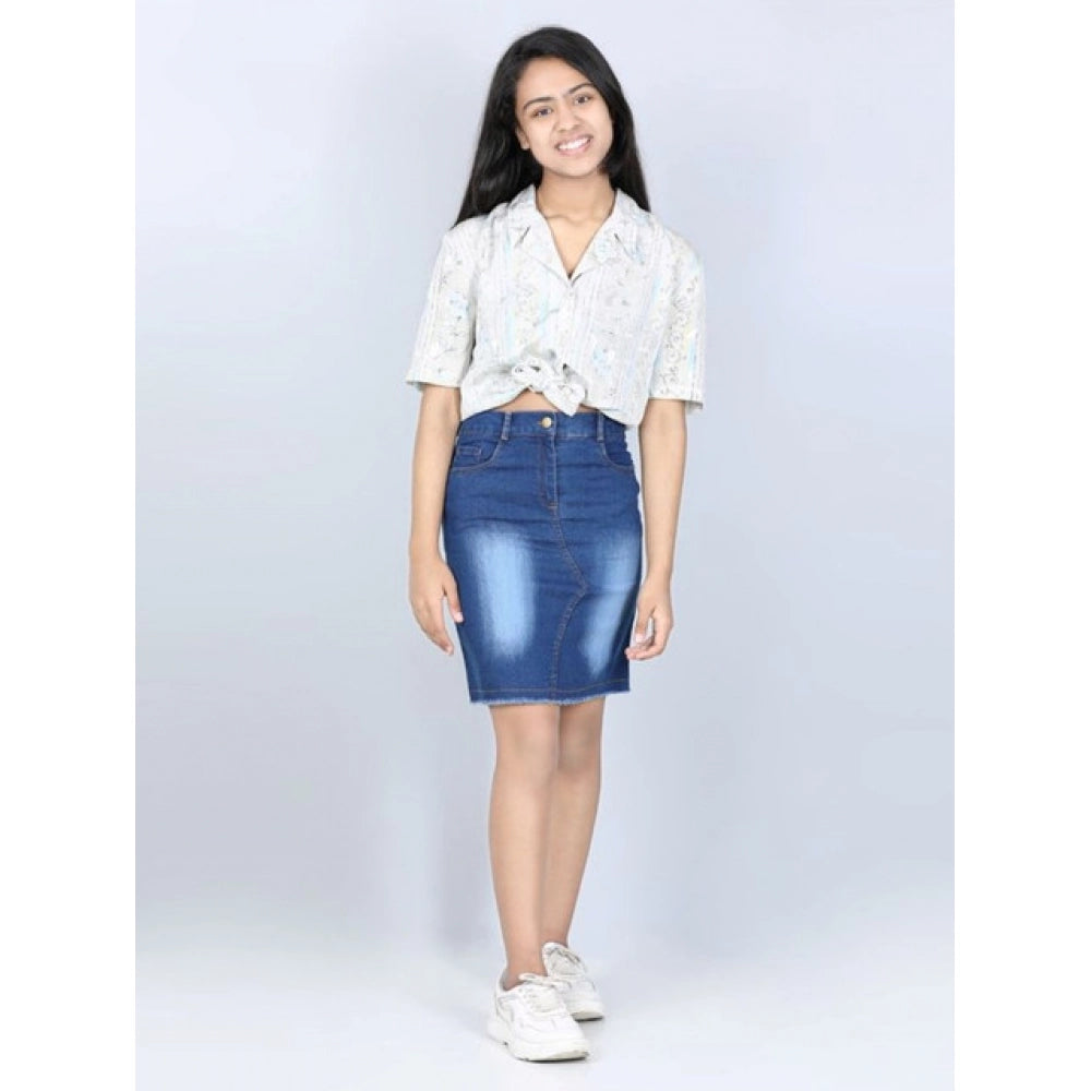 Elite Girl's Denim Solid Buttoned Skirt