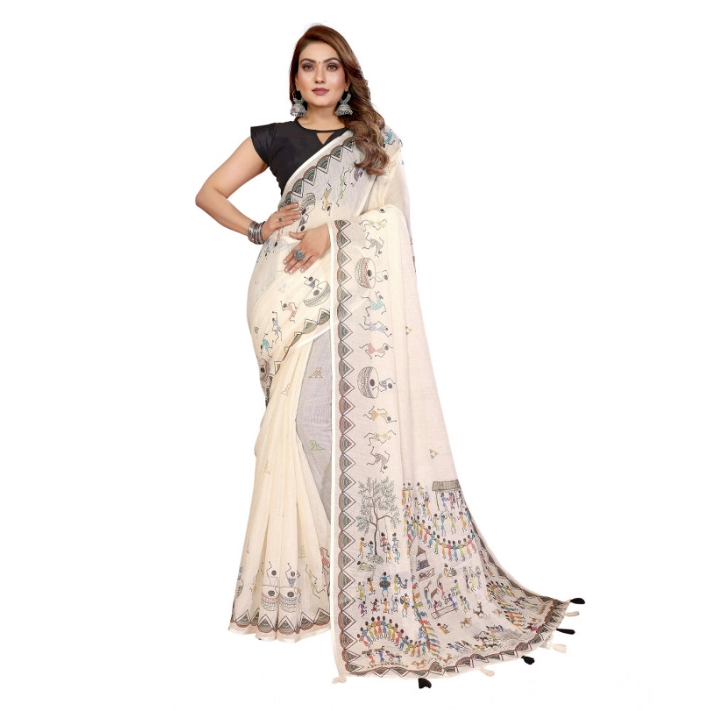 Designer Women's Linen Cotton Printed Saree With Blouse Piece