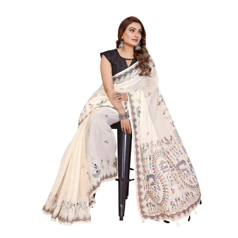 Designer Women's Linen Cotton Printed Saree With Blouse Piece