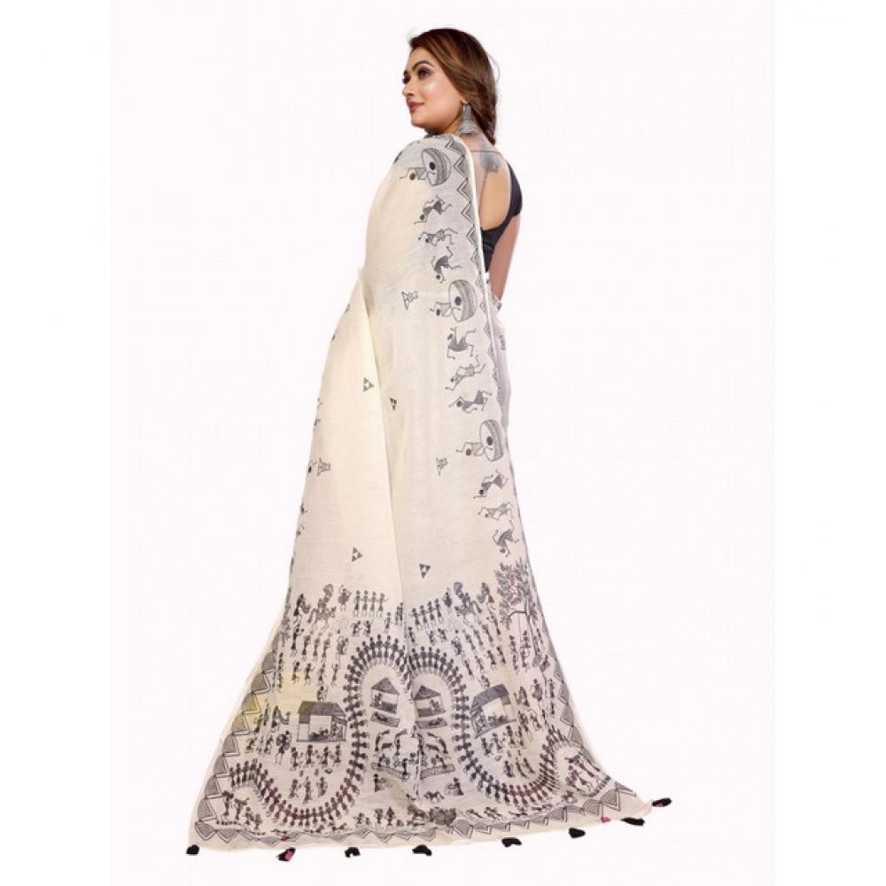 Designer Women's Linen Cotton Printed Saree With Blouse Piece