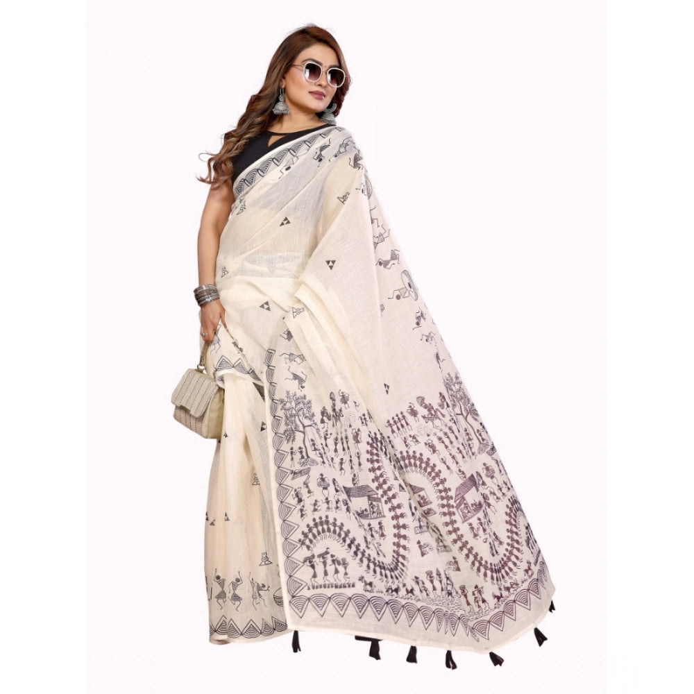 Designer Women's Linen Cotton Printed Saree With Blouse Piece