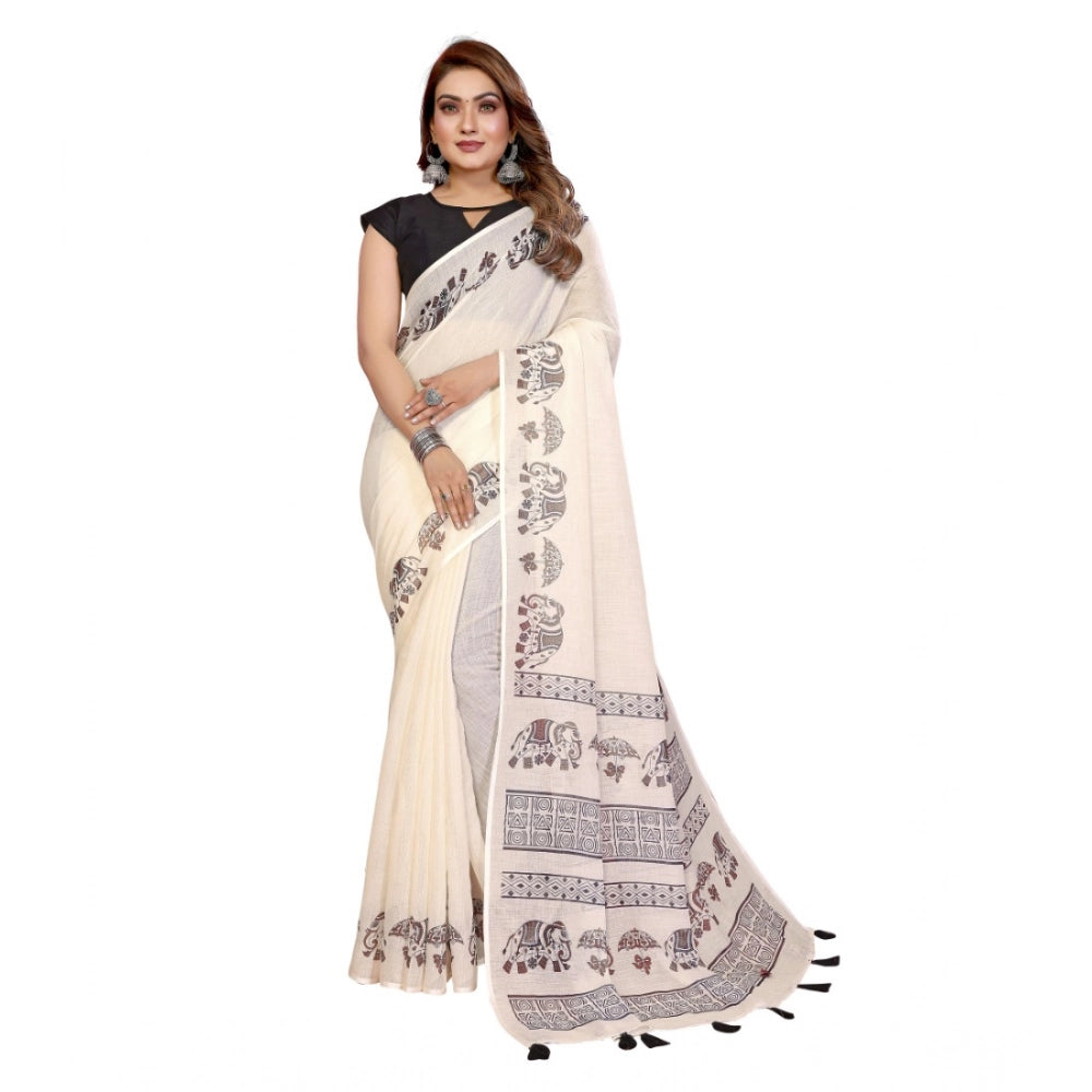 Designer Women's Linen Cotton Printed Saree With Blouse Piece