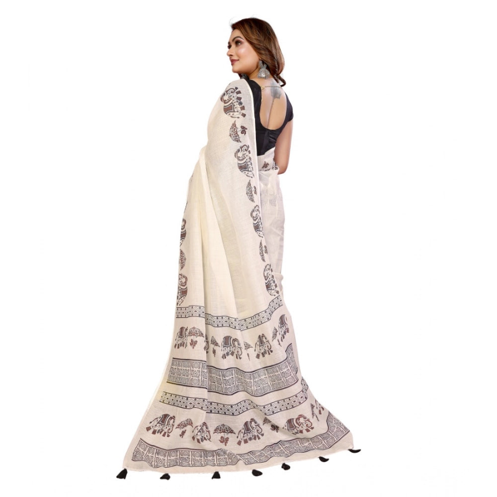 Designer Women's Linen Cotton Printed Saree With Blouse Piece