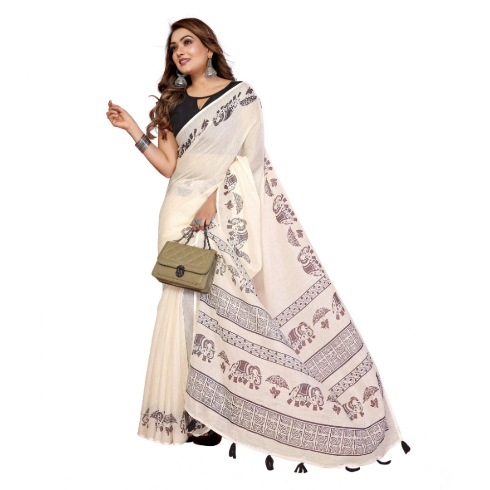 Designer Women's Linen Cotton Printed Saree With Blouse Piece