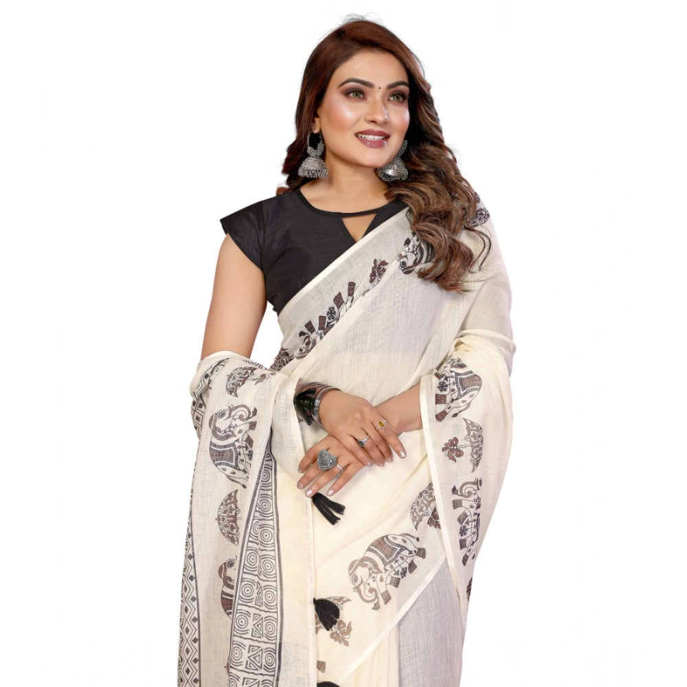 Designer Women's Linen Cotton Printed Saree With Blouse Piece