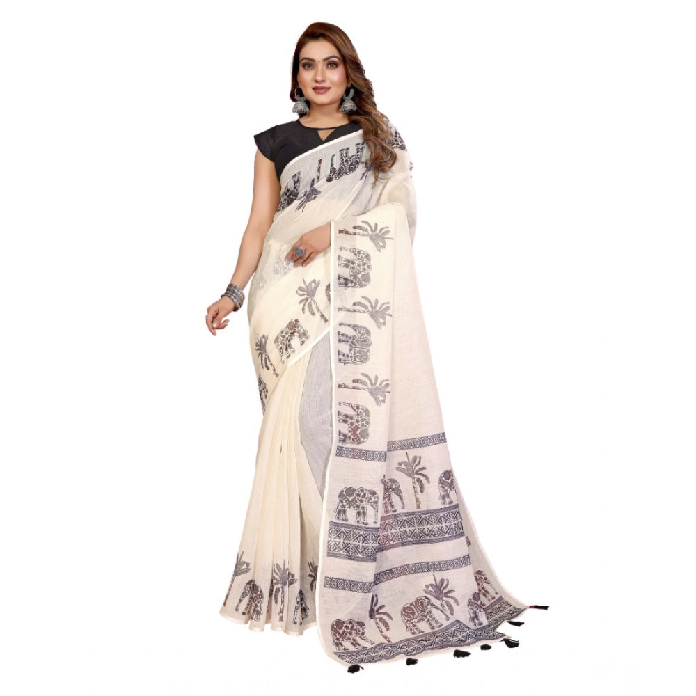 Designer Women's Linen Cotton Printed Saree With Blouse Piece
