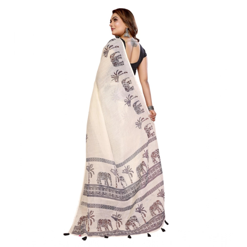 Designer Women's Linen Cotton Printed Saree With Blouse Piece