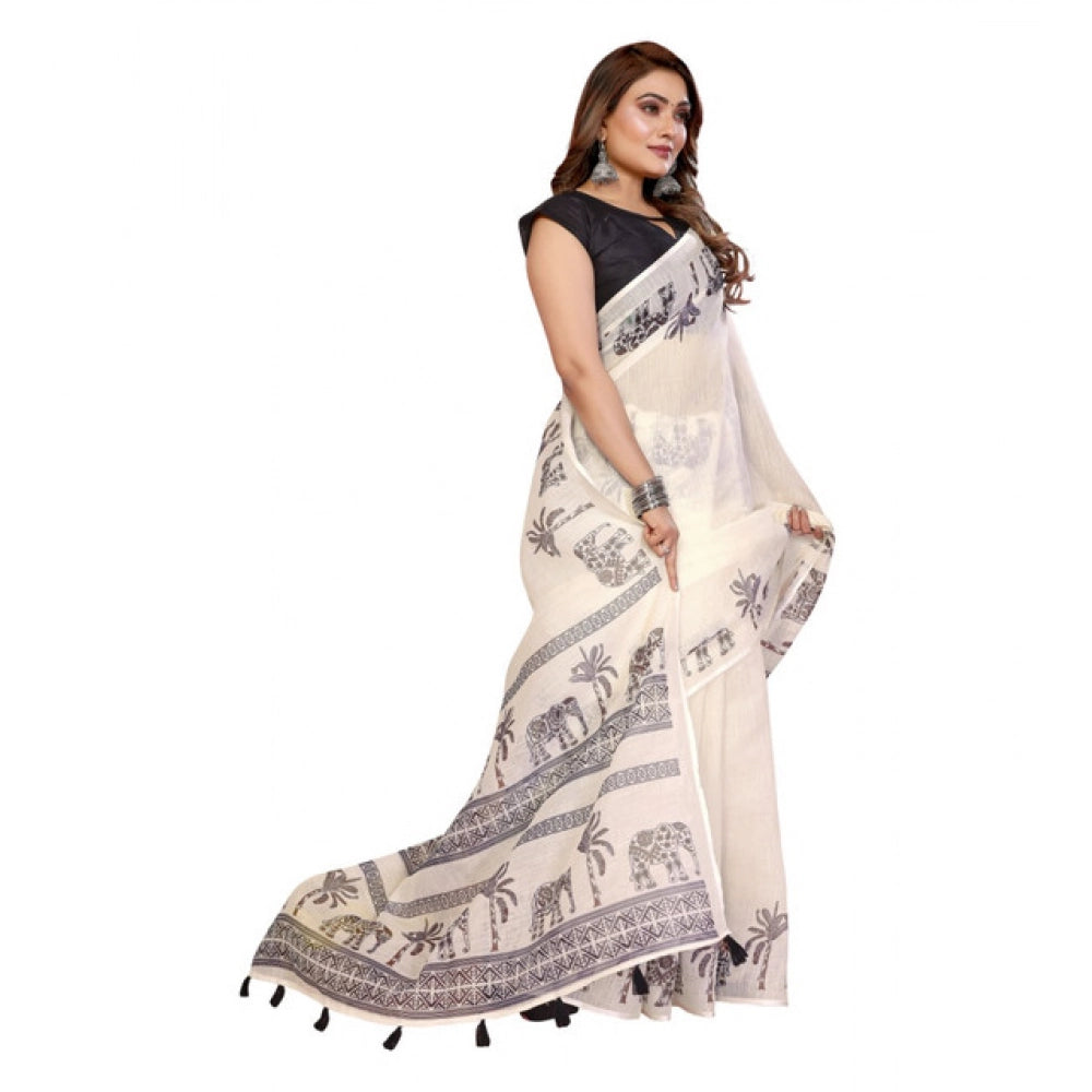 Designer Women's Linen Cotton Printed Saree With Blouse Piece