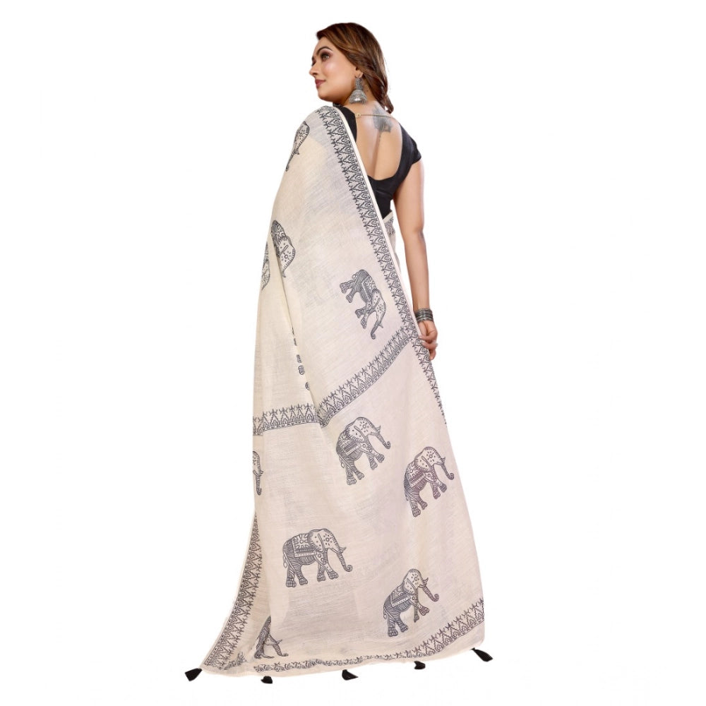 Designer Women's Linen Cotton Printed Saree With Blouse Piece