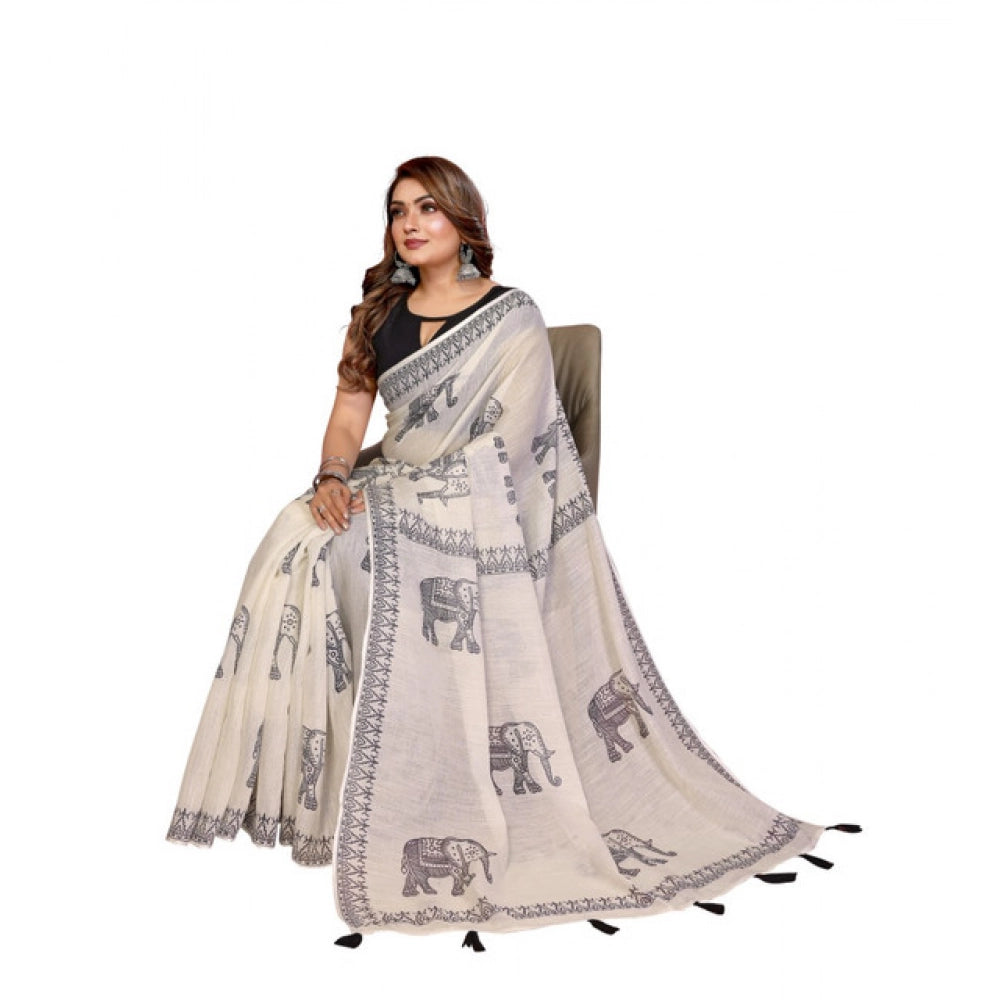 Designer Women's Linen Cotton Printed Saree With Blouse Piece