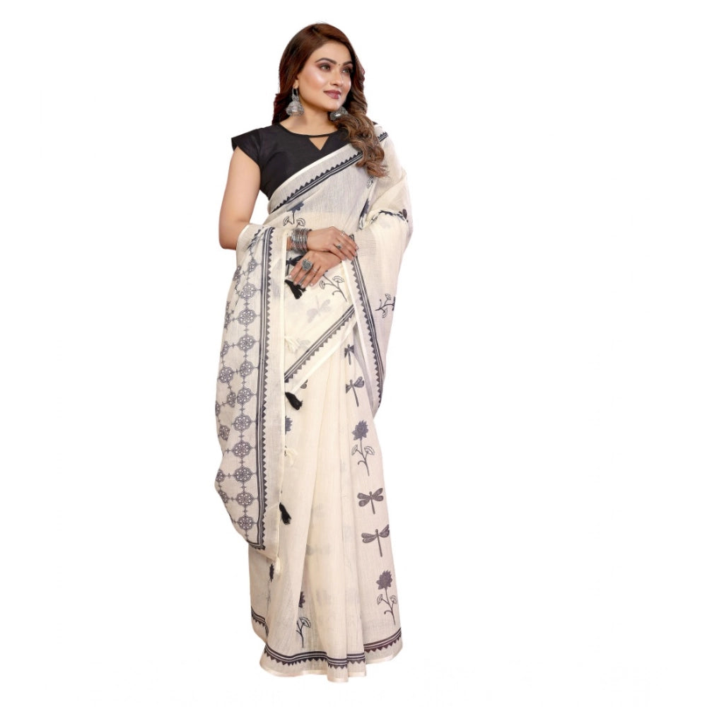Designer Women's Linen Cotton Printed Saree With Blouse Piece