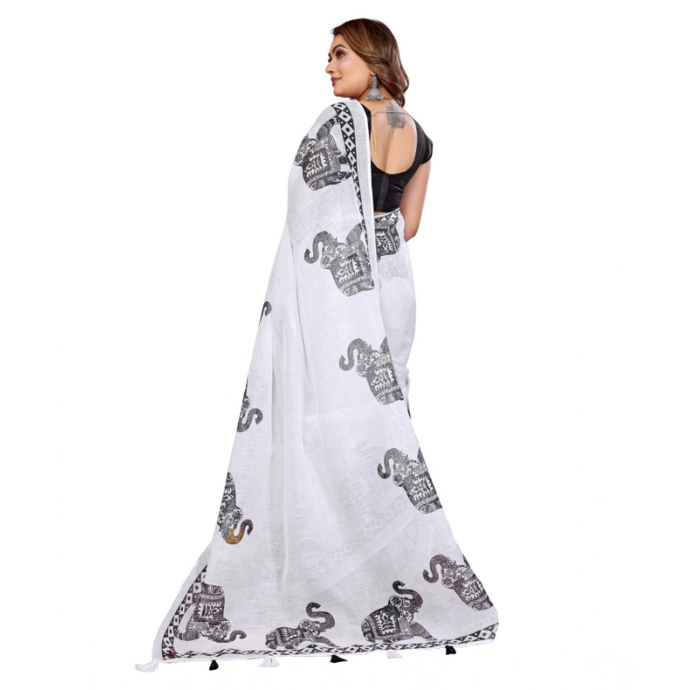 Designer Women's Linen Cotton Printed Saree With Blouse Piece