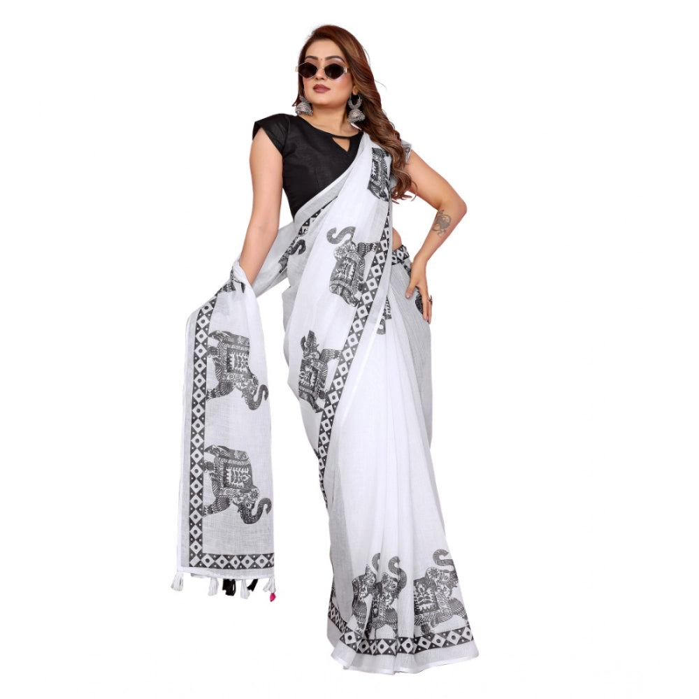 Designer Women's Linen Cotton Printed Saree With Blouse Piece