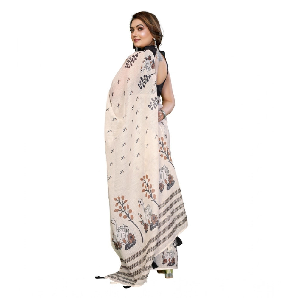 Designer Women's Linen Cotton Printed Saree With Blouse Piece