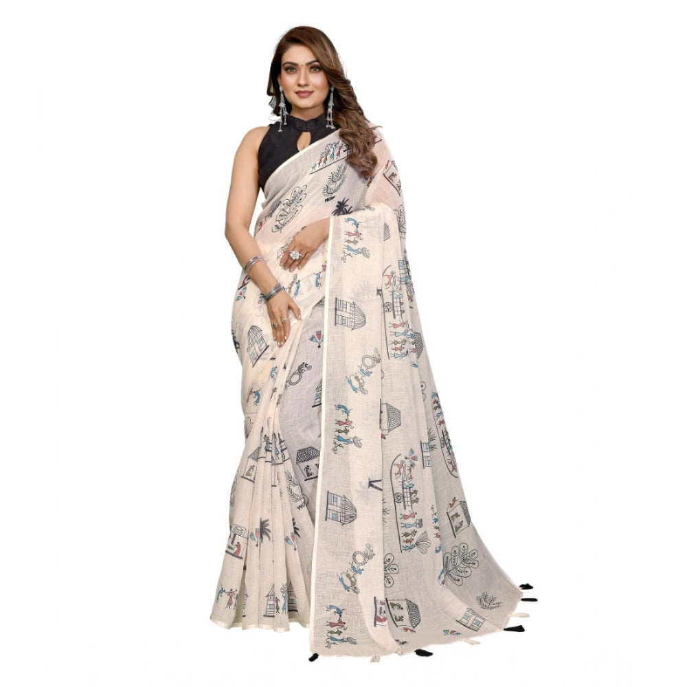 Designer Women's Linen Cotton Printed Saree With Blouse Piece
