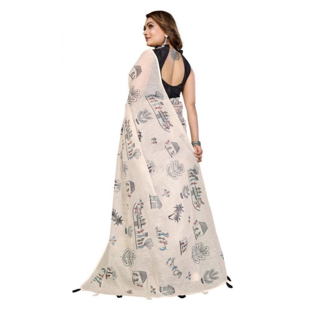 Designer Women's Linen Cotton Printed Saree With Blouse Piece