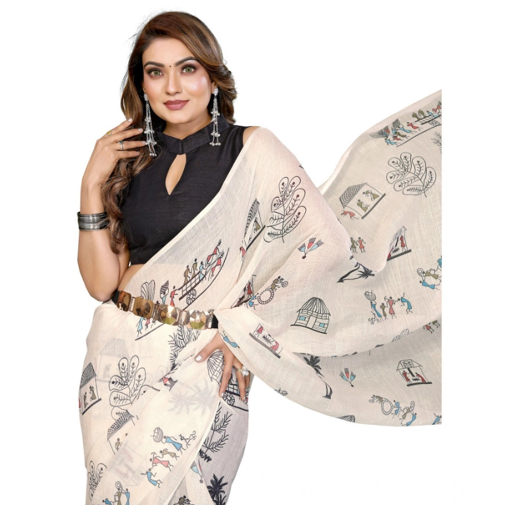 Designer Women's Linen Cotton Printed Saree With Blouse Piece