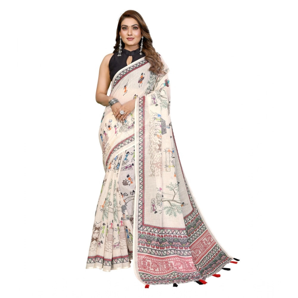Designer Women's Linen Cotton Printed Saree With Blouse Piece