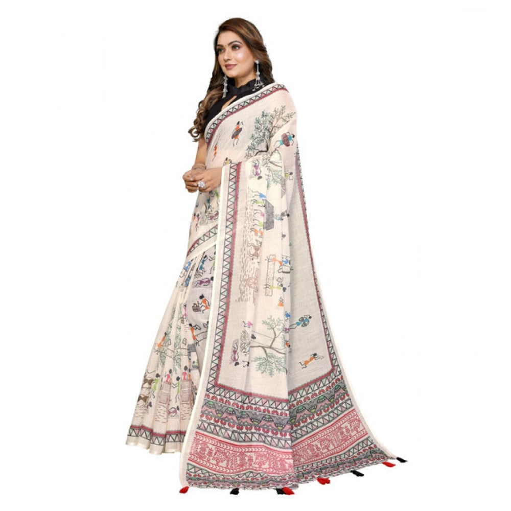 Designer Women's Linen Cotton Printed Saree With Blouse Piece