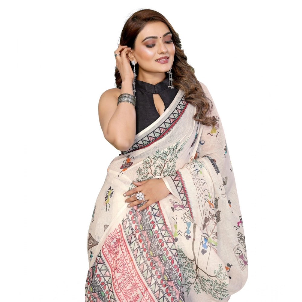 Designer Women's Linen Cotton Printed Saree With Blouse Piece