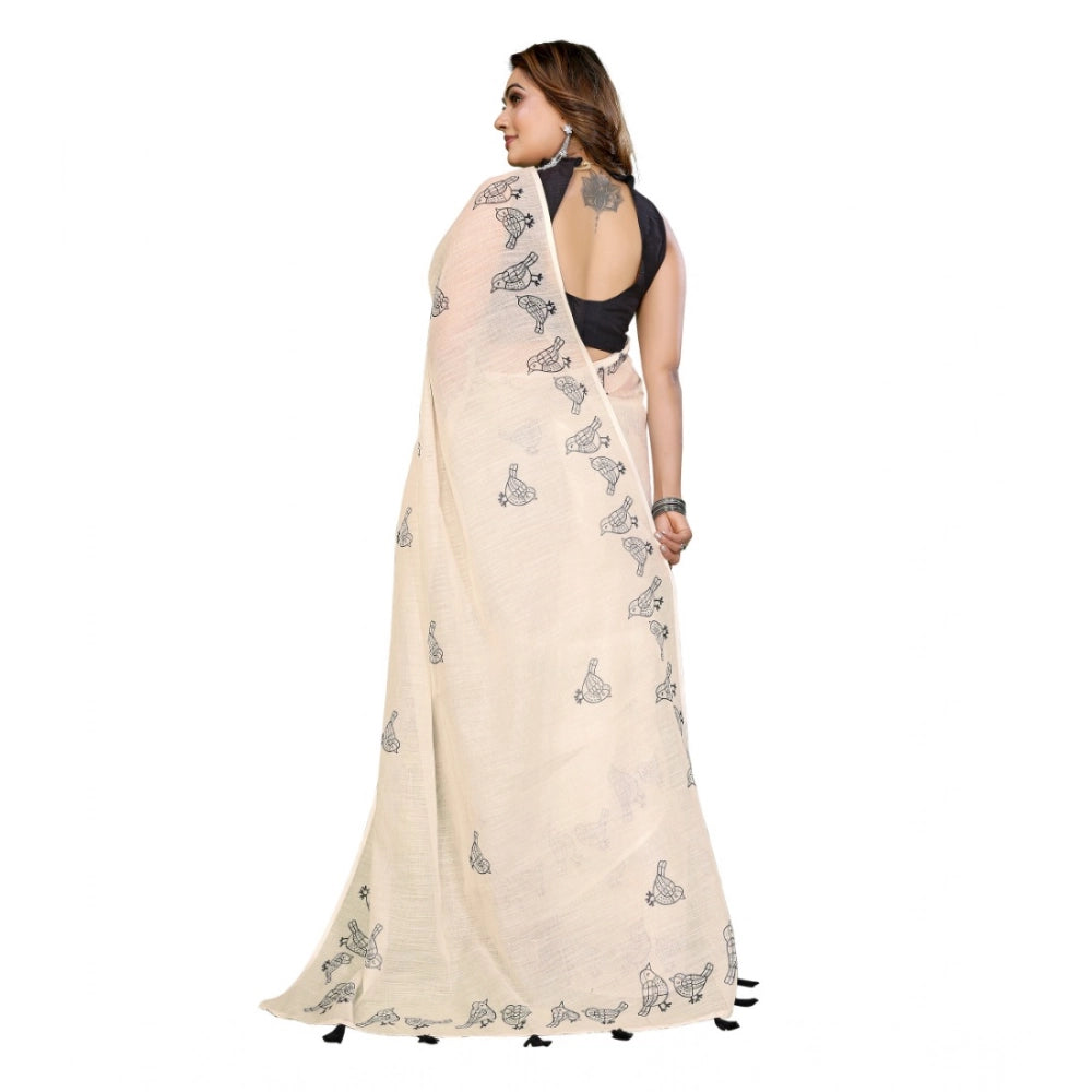 Designer Women's Linen Cotton Printed Saree With Blouse Piece