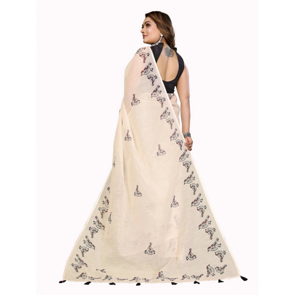 Designer Women's Linen Cotton Printed Saree With Blouse Piece