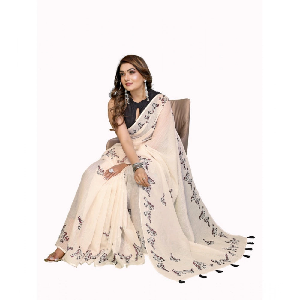 Designer Women's Linen Cotton Printed Saree With Blouse Piece