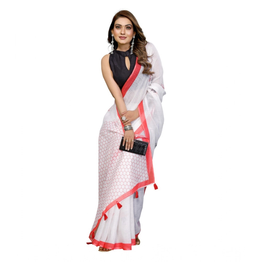 Designer Women's Linen Cotton Printed Saree With Blouse Piece