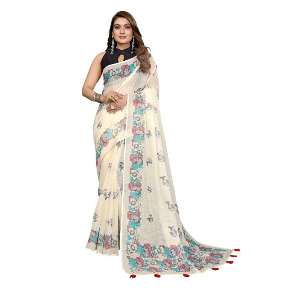 Designer Women's Linen Cotton Printed Saree With Blouse Piece