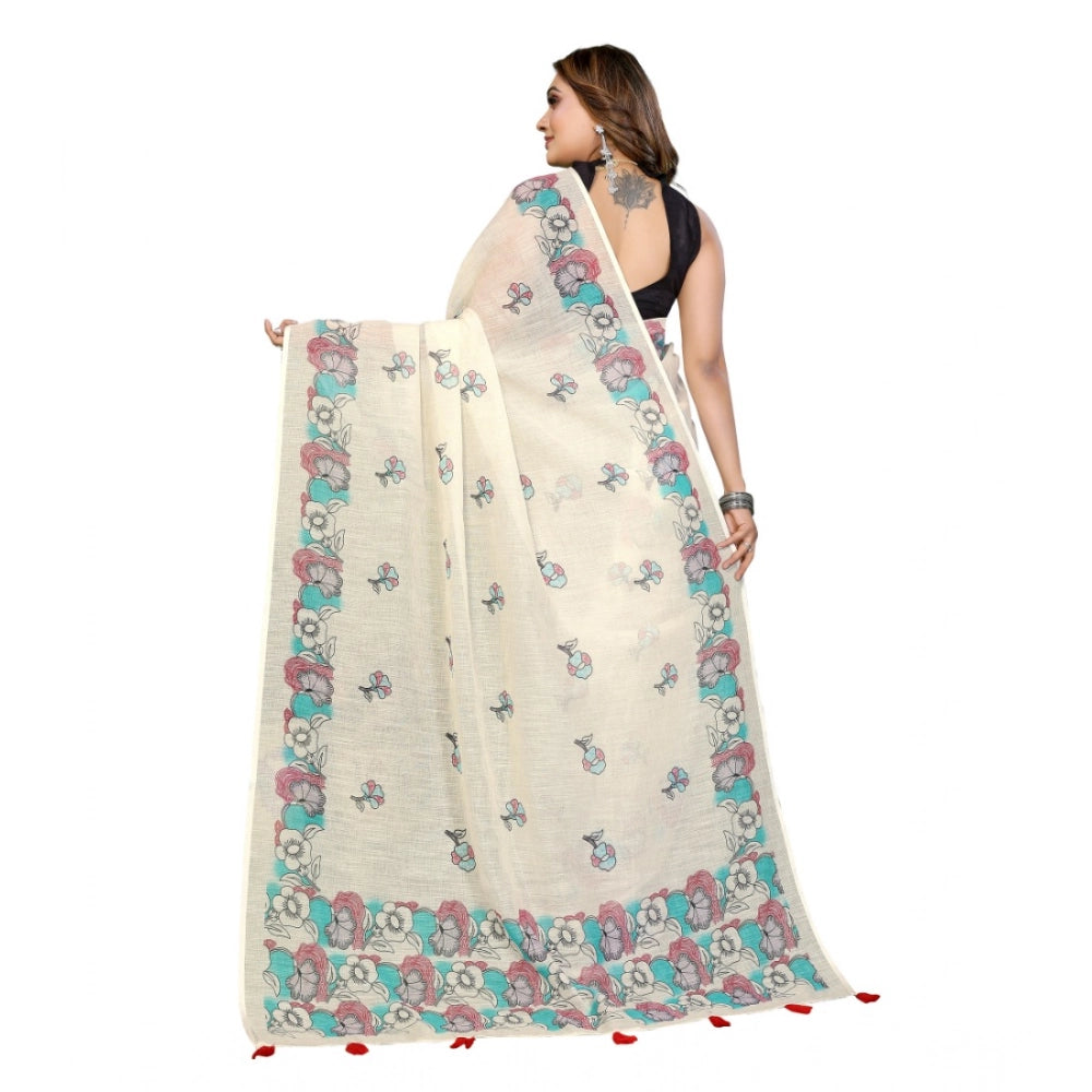 Designer Women's Linen Cotton Printed Saree With Blouse Piece