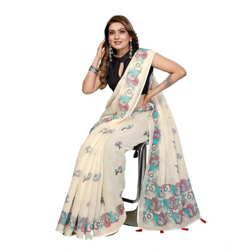 Designer Women's Linen Cotton Printed Saree With Blouse Piece