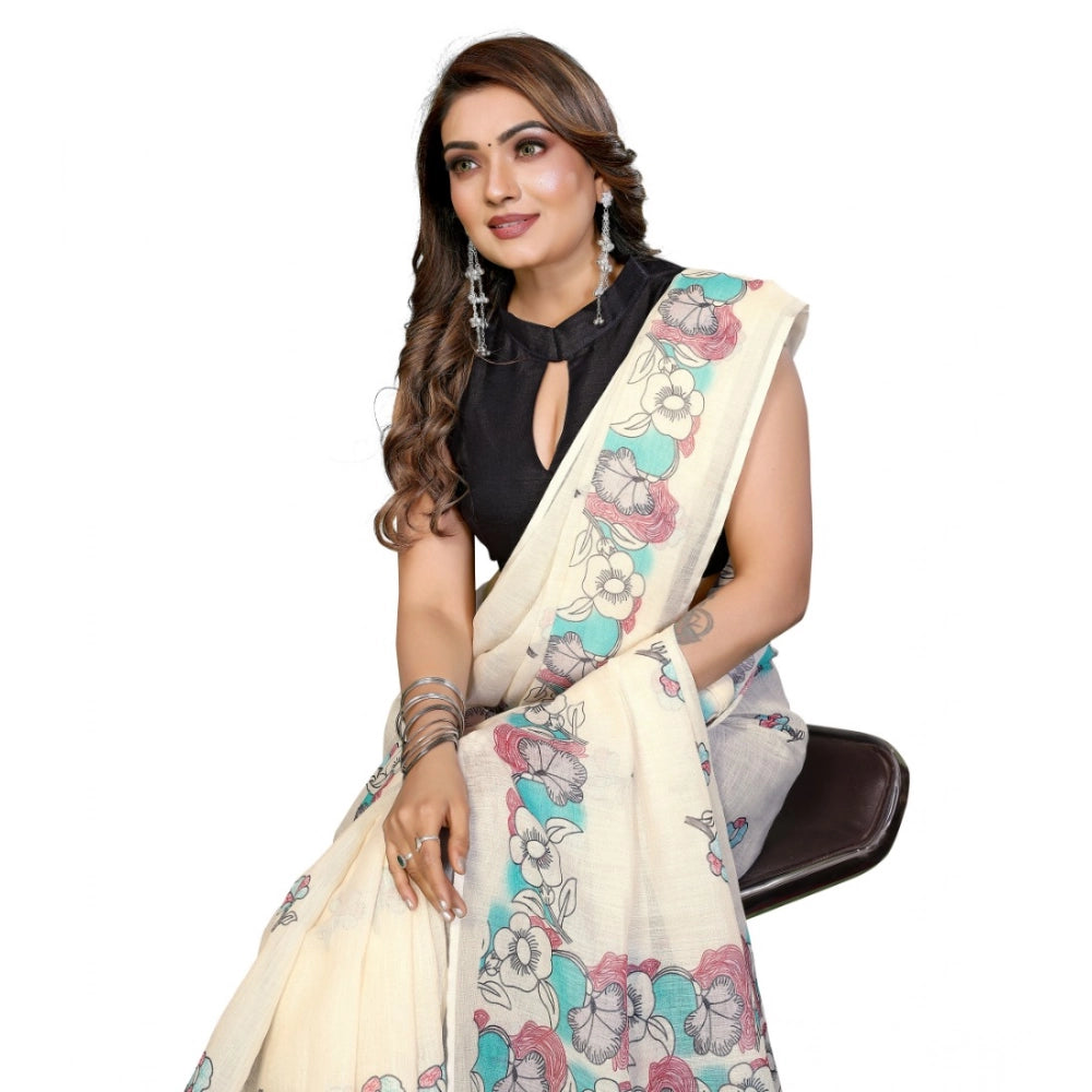 Designer Women's Linen Cotton Printed Saree With Blouse Piece