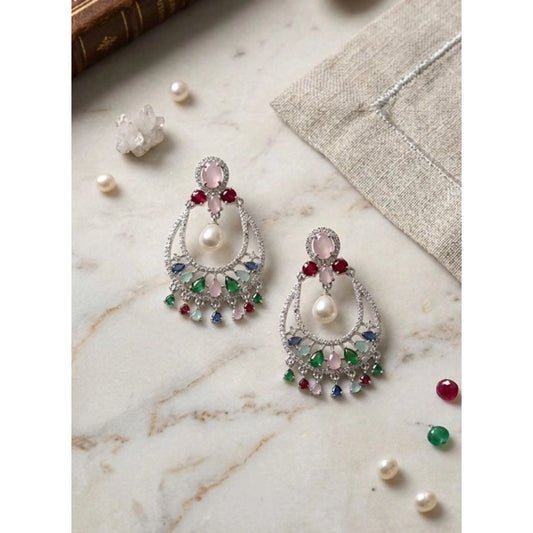 Pretty Women's Brass Silver Plated Chandbali Earrings