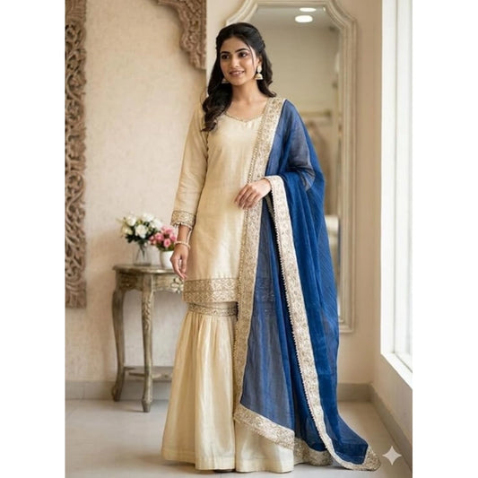 Fashionable Women's Silk Embroidered V Neck Kurti With Sharara Pant and Dupatta Set